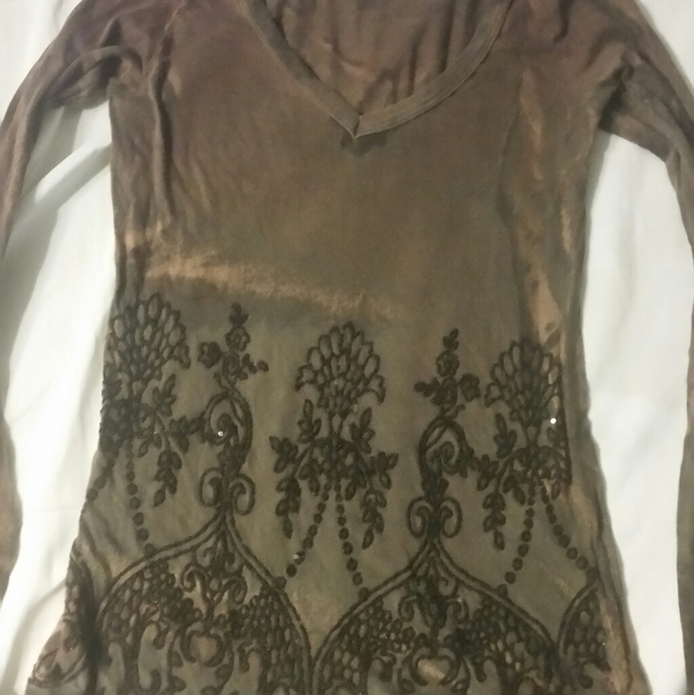 V Neck Beaded Brown Shirt Long Sleeve